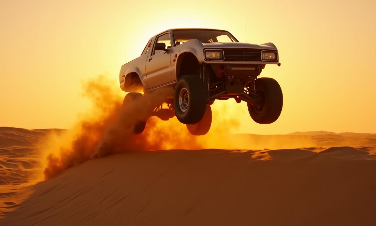 Custom desert-themed performance truck in het zand